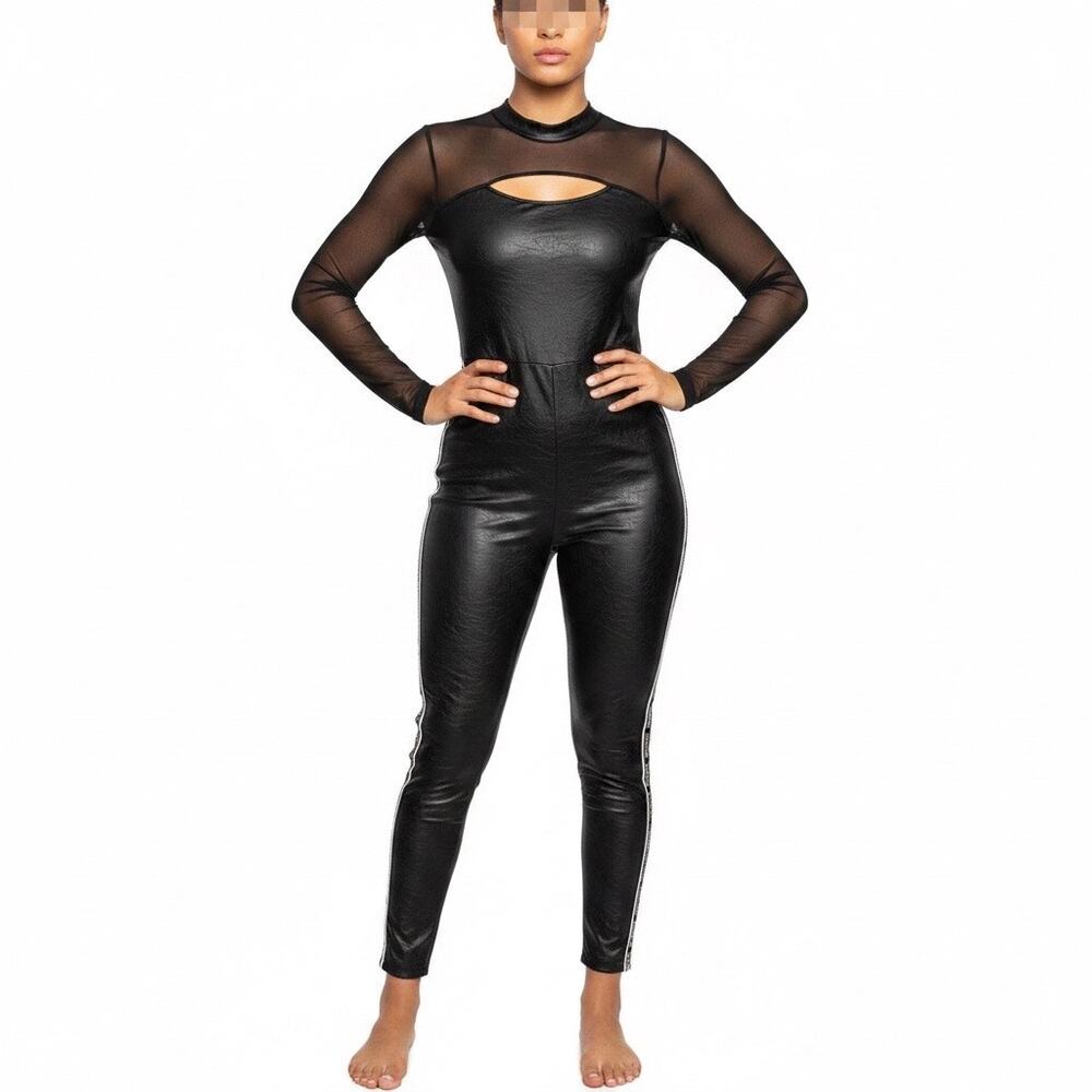 BEBE Black Faux Leather Jumpsuit Mesh Long Sleeve Womens Size XL
